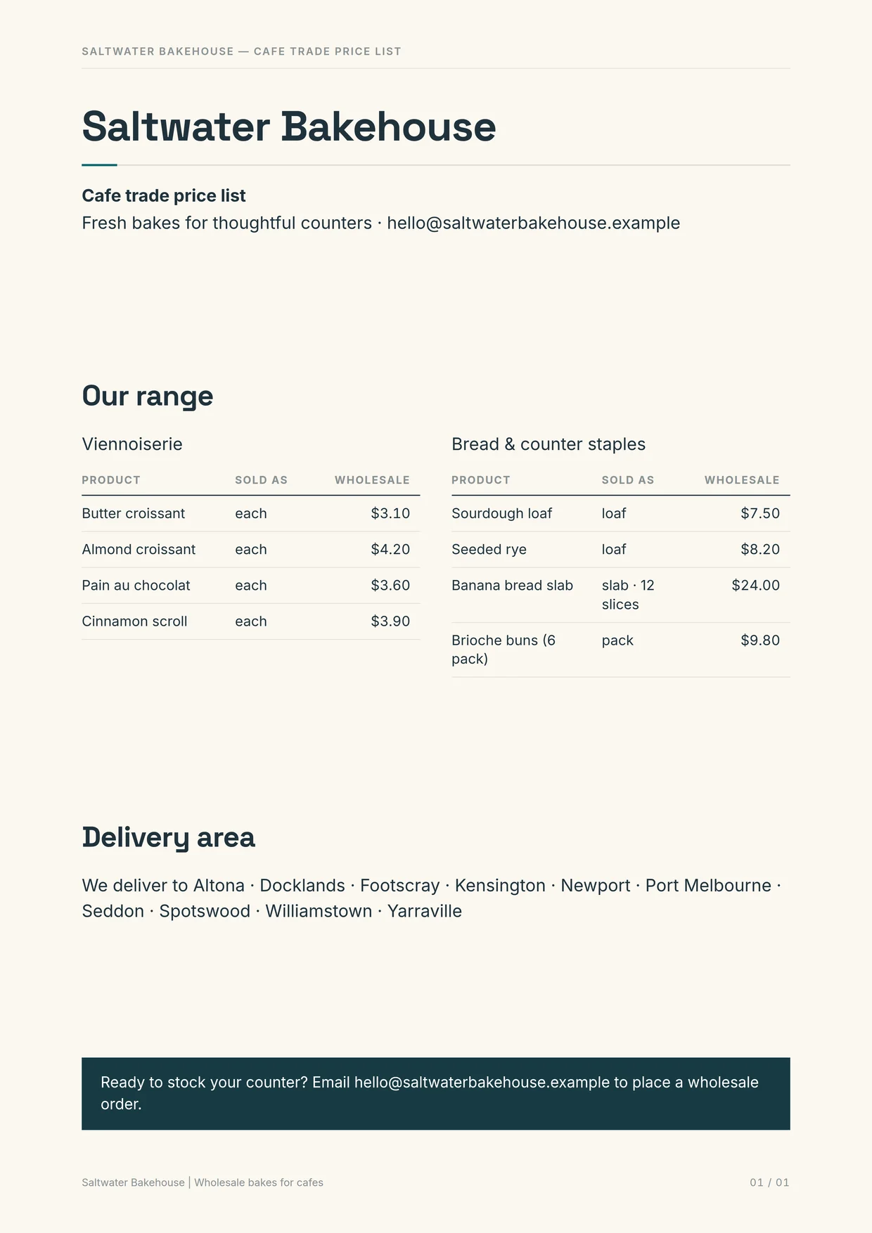 The trade price list, one A4 page