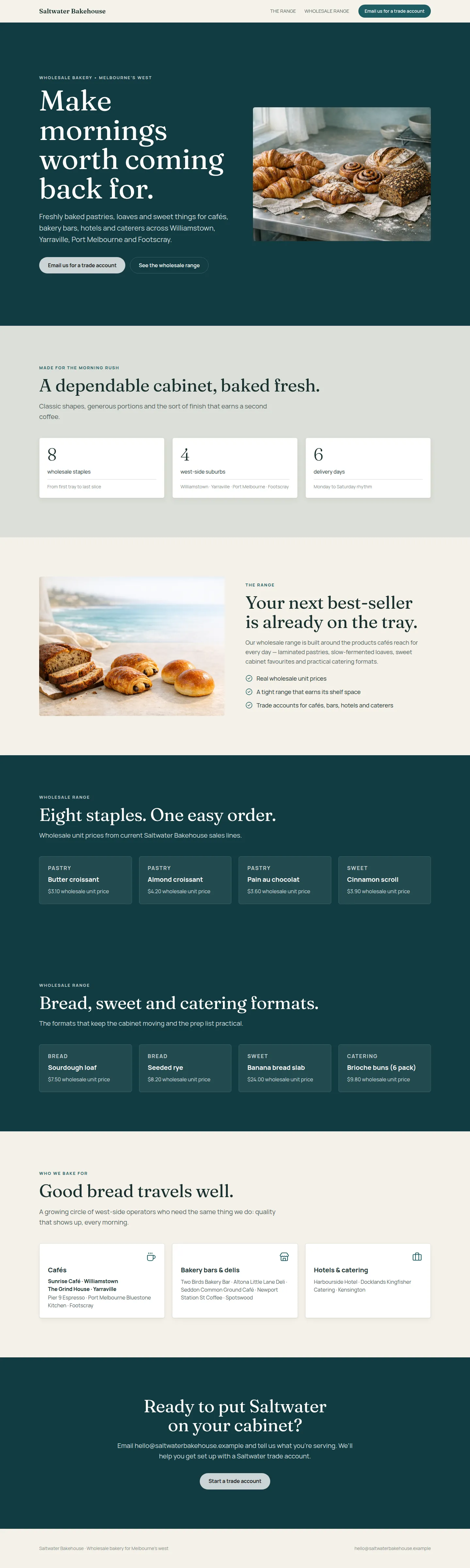 The bakery's web page, from its hero to its footer